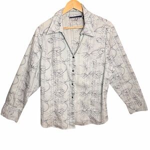 Susan Graver Style Embroidered Button Front Floral Shirt Top Women XL Blue